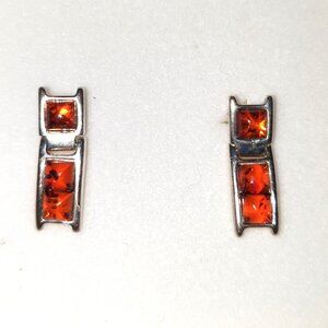 Vintage Genuine Baltic Cognac Amber Three Stone 925 Sterling Silver Stud Earring